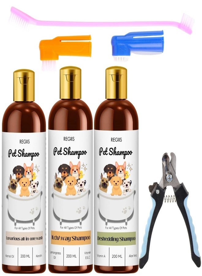 REGIIS Pet Shampoo Set, 3 Pack 200ml Each, All-in-One Wash, Deshedding Formula, Nail Clipper and Grooming Brushes(Pack of 5)